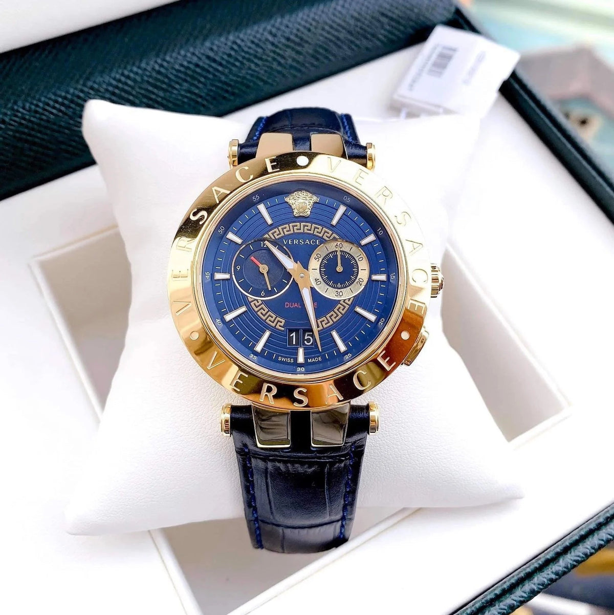  Shop Authentic Versace V-Race Quartz Black Dial Black Leather Strap Watch For Men - VEBV00119 - Luxxuri