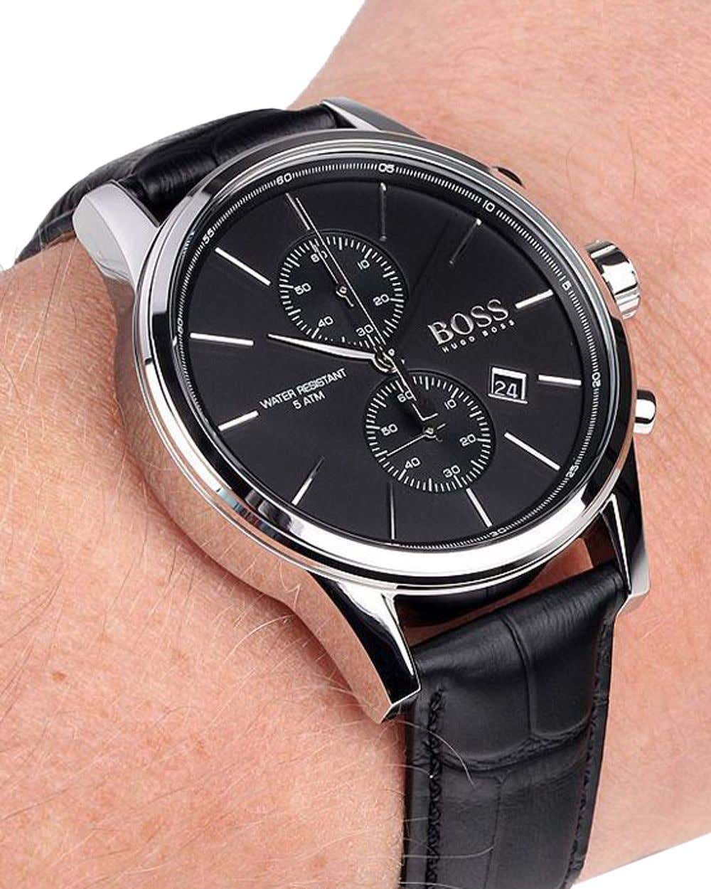  Shop Authentic Hugo Boss Chronograph Black Dial Black Leather Strap Watch For Men - 1513266 - Luxxuri