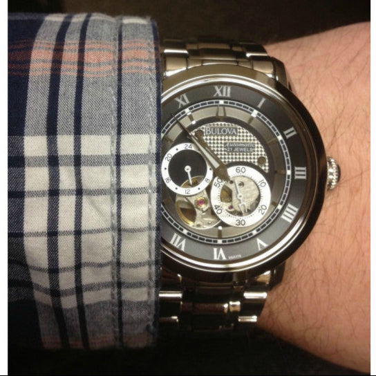  Shop Authentic Bulova BVA Dual Aperture Black Dial Silver Steel Strap Watch for Men - 96A119 - Luxxuri