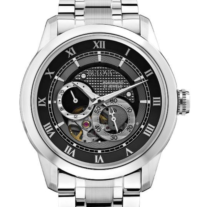  Shop Authentic Bulova BVA Dual Aperture Black Dial Silver Steel Strap Watch for Men - 96A119 - Luxxuri