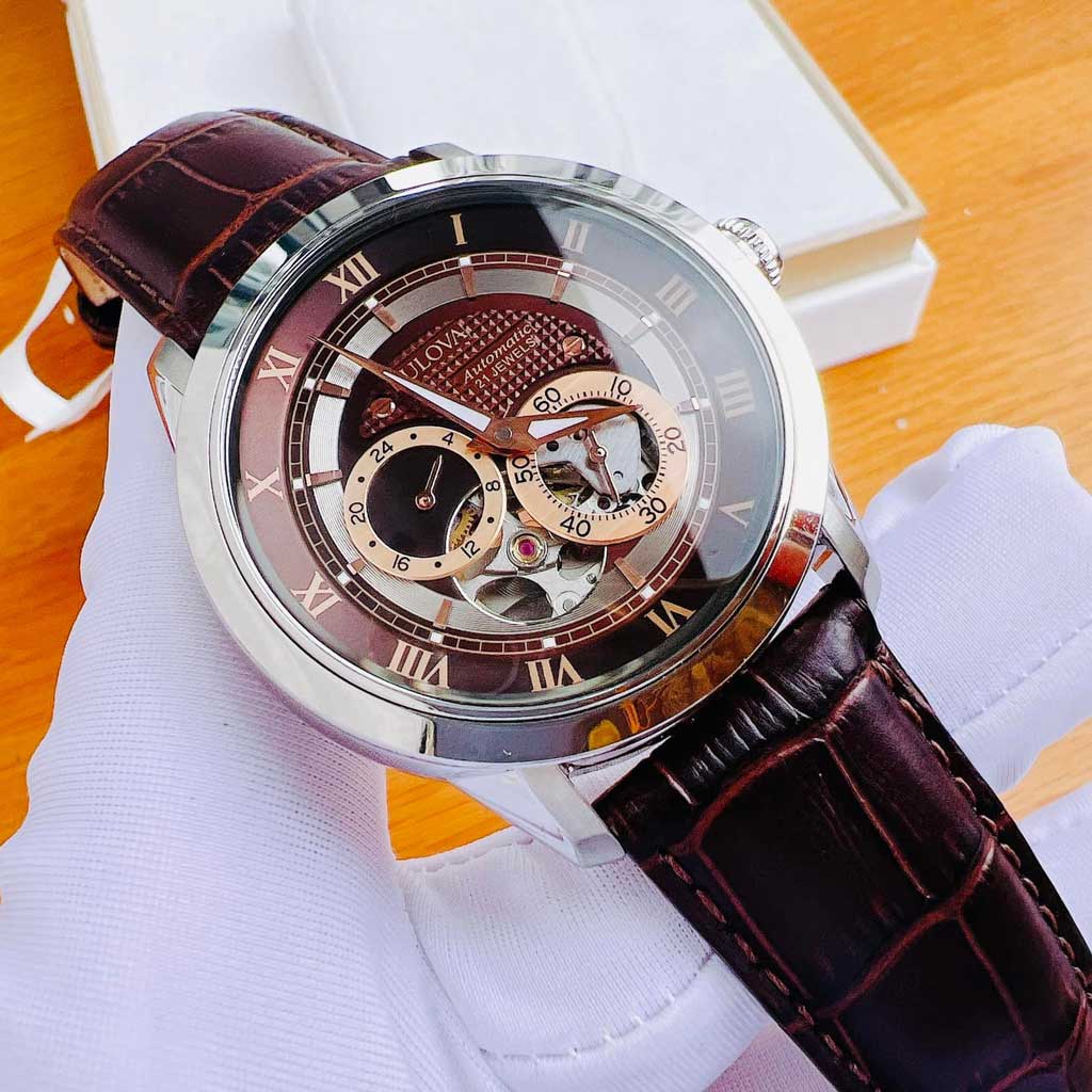  Shop Authentic Bulova Classic Skeleton Automatic Brown Dial Brown Leather Strap Watch for Men - 96A120 - Luxxuri