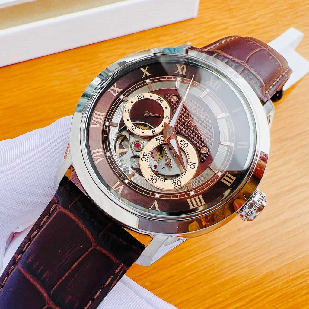  Shop Authentic Bulova Classic Skeleton Automatic Brown Dial Brown Leather Strap Watch for Men - 96A120 - Luxxuri