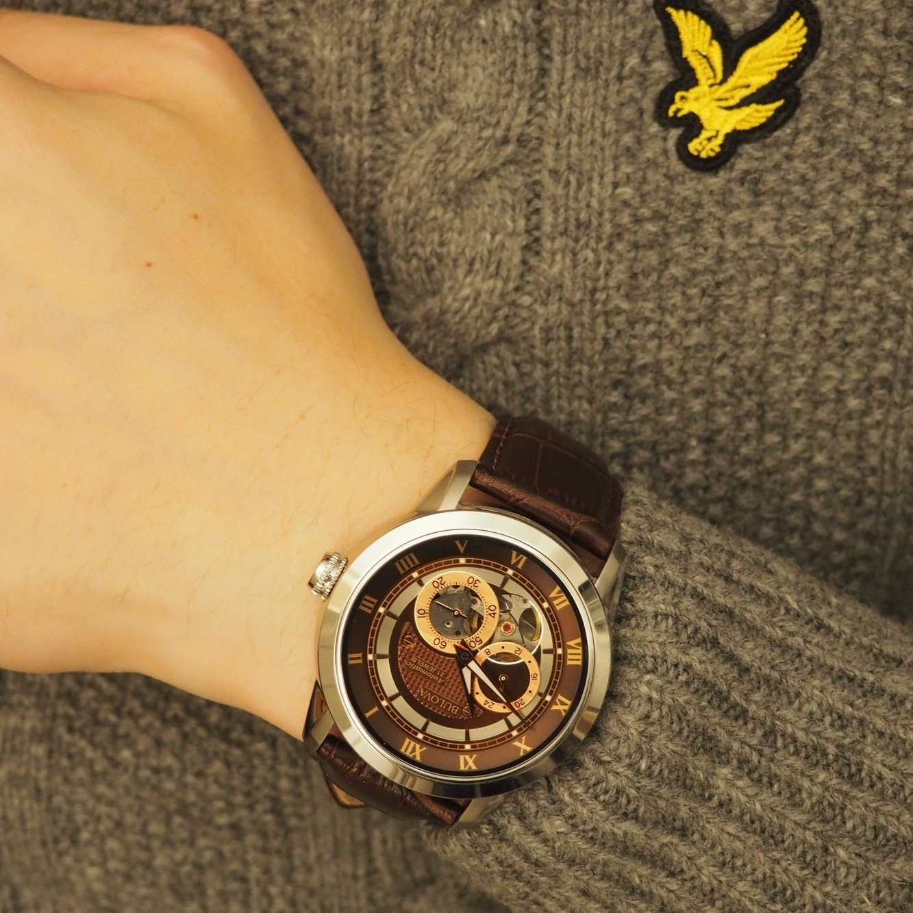  Shop Authentic Bulova Classic Skeleton Automatic Brown Dial Brown Leather Strap Watch for Men - 96A120 - Luxxuri