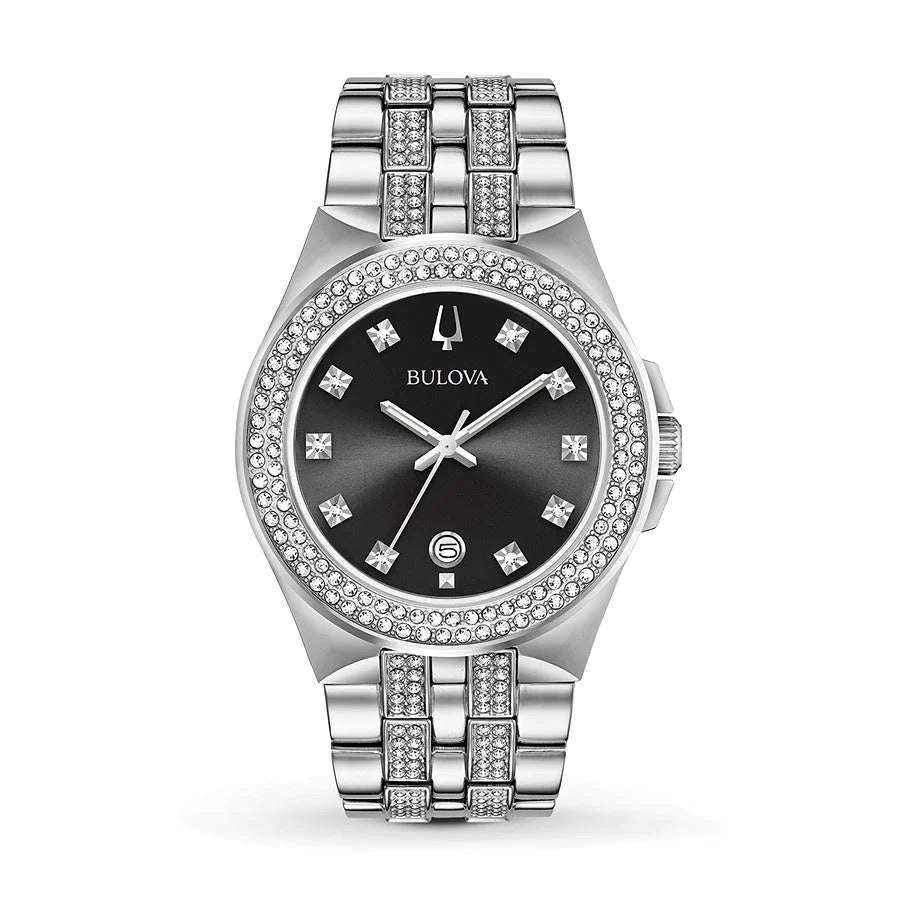  Shop Authentic Bulova Crystal Collection Black Dial Silver Steel Strap Watch for Men - 96K102 - Luxxuri