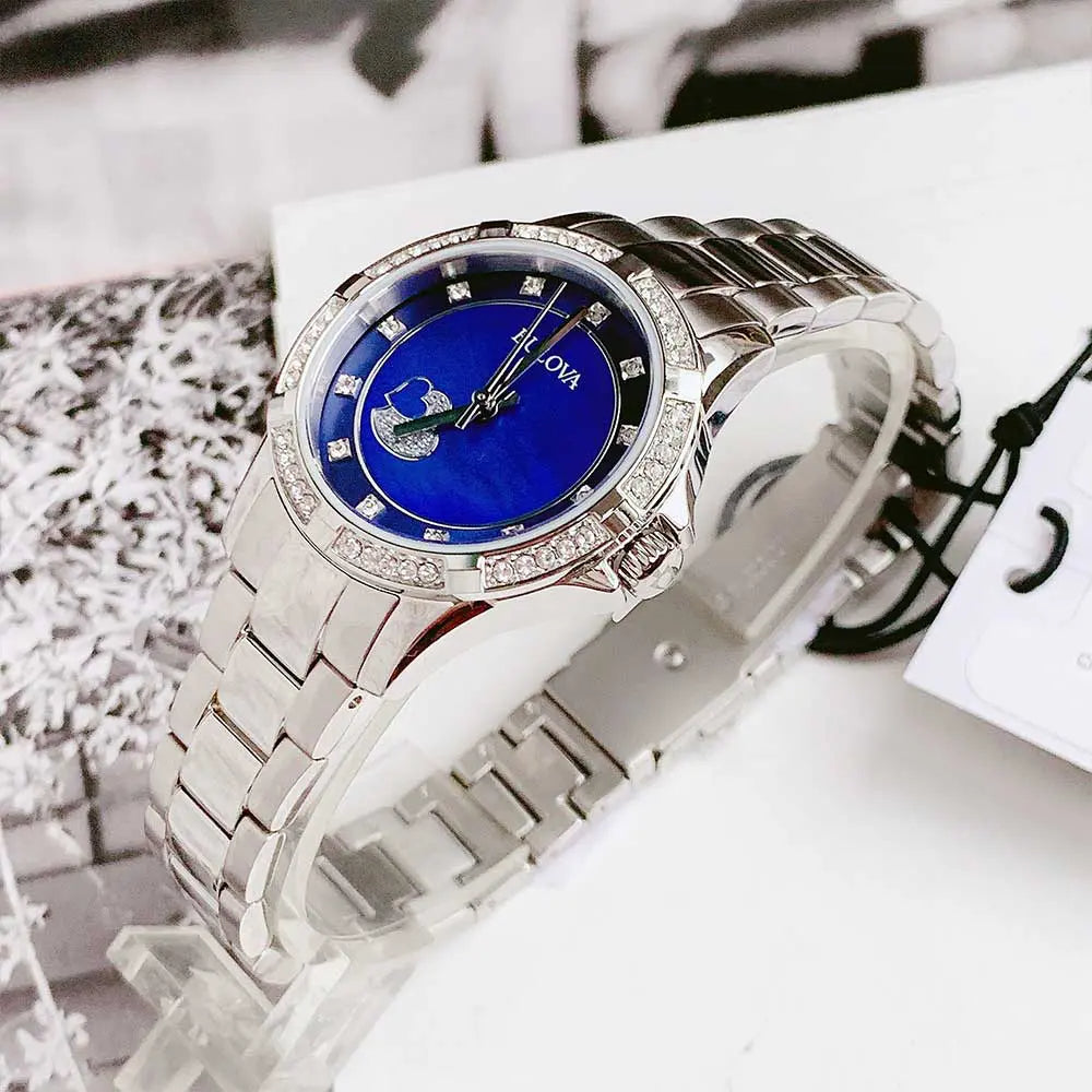  Shop Authentic Bulova Crystal Collection Blue Mother of Pearl Dial Silver Steel Strap Watch for Women - 96L238 - Luxxuri
