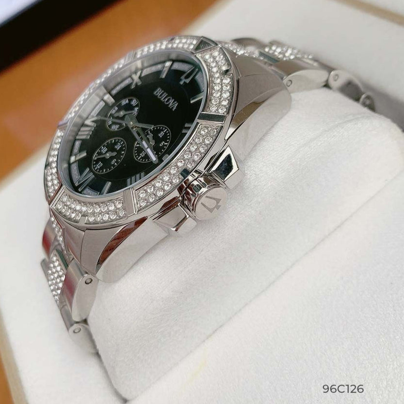  Shop Authentic Bulova Crystal Collection Chronograph Black Dial Two Tone Steel Strap Watch for Men - 96C126 - Luxxuri