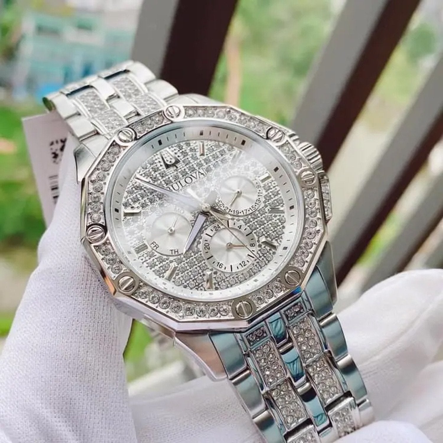  Shop Authentic Bulova Crystal Collection Pave Silver Dial with Crystals Silver Steel Strap Watch for Men - 96C134 - Luxxuri