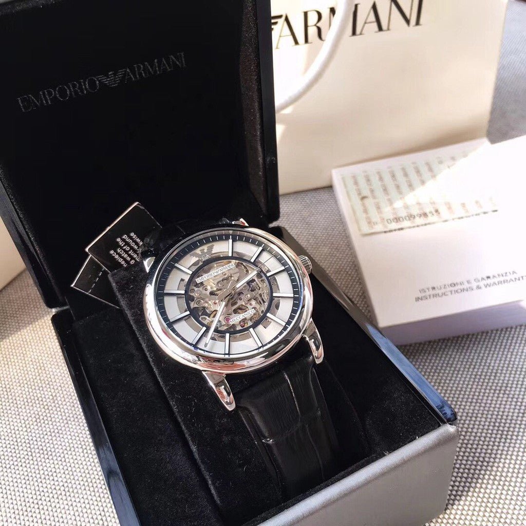  Shop Authentic Emporio Armani Luigi Silver Skeleton Dial Black Leather Strap Watch For Men - AR1981 - Luxxuri
