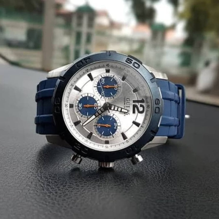  Shop Authentic Guess Caliber Chronograph White Dial Blue Rubber Strap Watch for Men - W0864G6 - Luxxuri