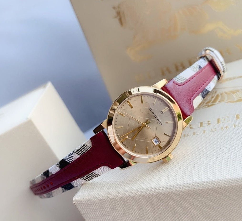  Shop Authentic Burberry The City Gold Dial Orange Leather Strap Watch for Women - BU9017 - Luxxuri