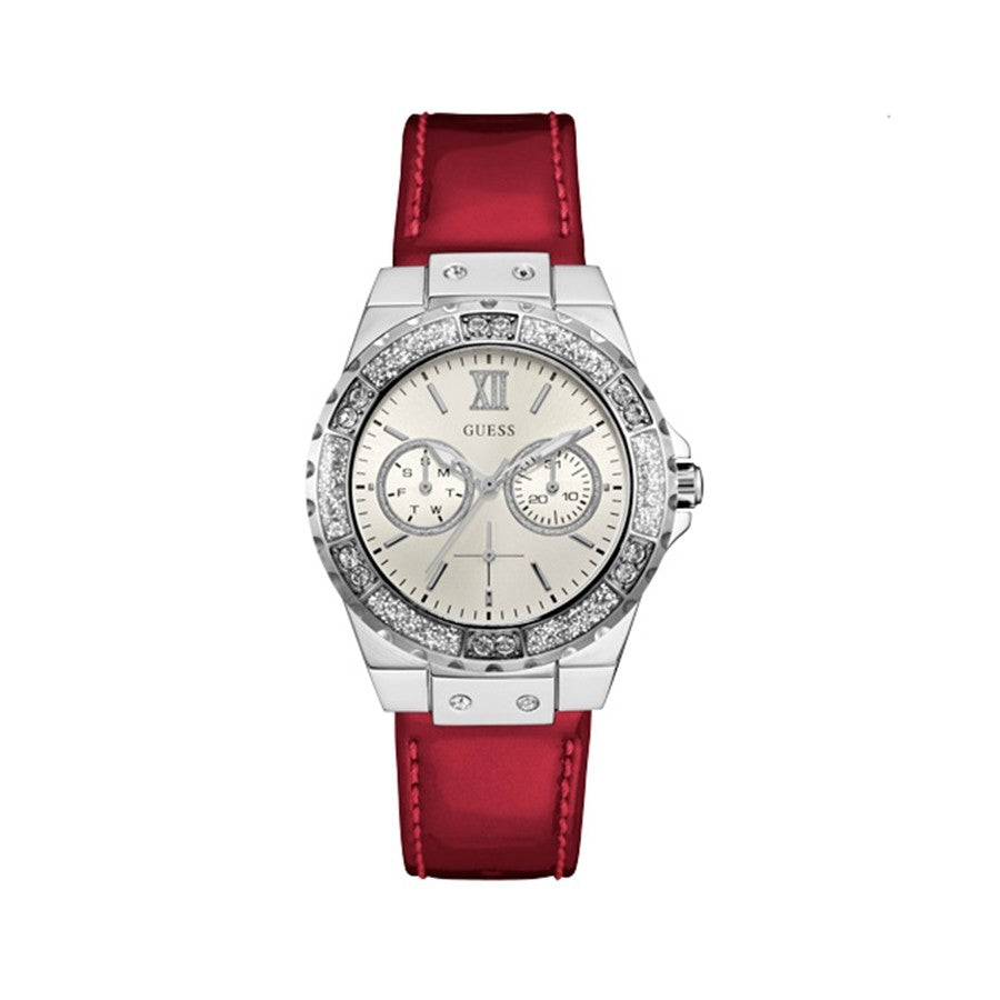  Shop Authentic Guess Limelight Quartz Diamonds White Dial Red Leather Strap Watch For Women - W0775L11 - Luxxuri