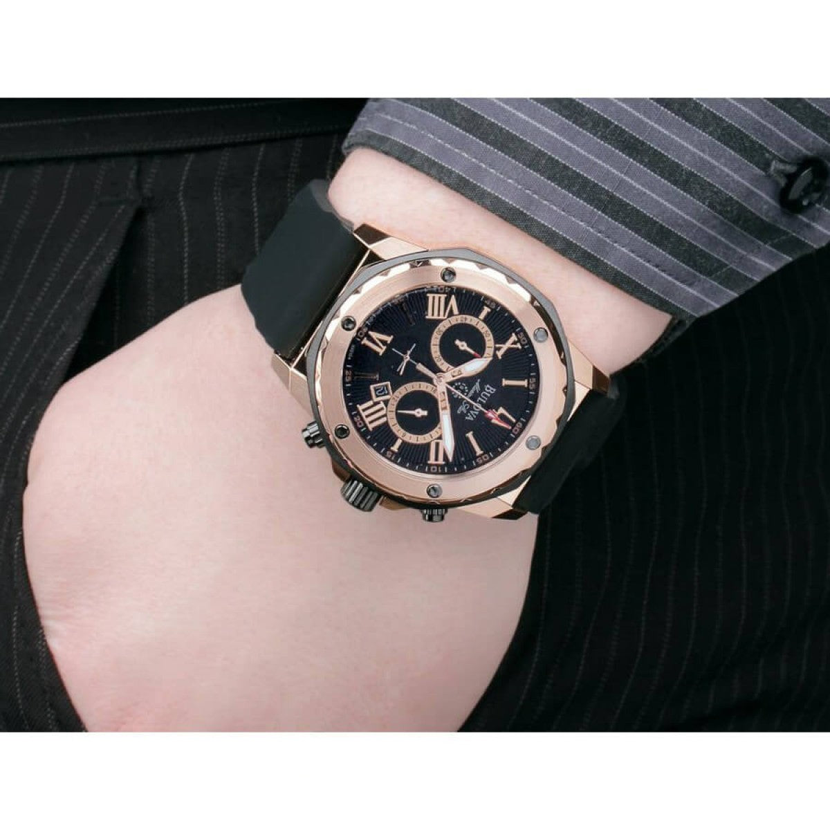 Shop Authentic Bulova Marine Star Chronograph Black Dial Black Rubber Strap Watch for Men - 98B104 - Luxxuri