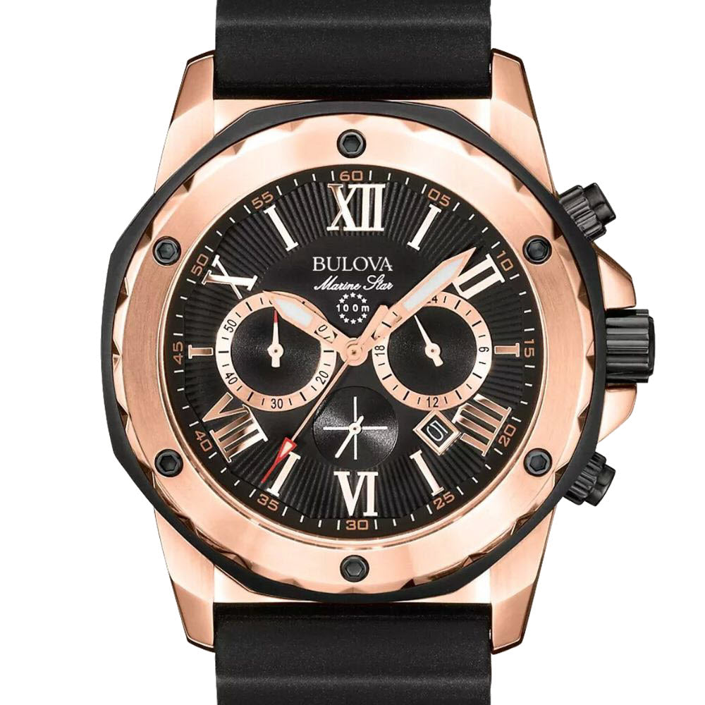  Shop Authentic Bulova Marine Star Chronograph Black Dial Black Rubber Strap Watch for Men - 98B104 - Luxxuri