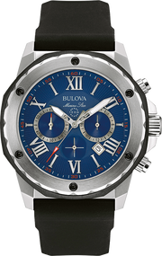  Shop Authentic Bulova Marine Star Blue Dial Black Silicone Strap Watch for Men - 98B258 - Luxxuri