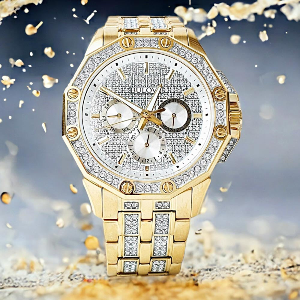 Shop Authentic Bulova Crystal Collection Octova White Dial Gold Steel Strap Watch for Men - 98C126 - Luxxuri
