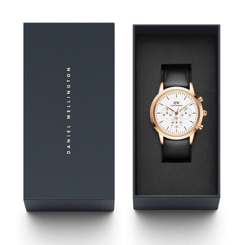  Shop Authentic Daniel Wellington Iconic Chronograph Sheffield White Dial Black Leather Strap Watch For Men - DW00100646 - Luxxuri