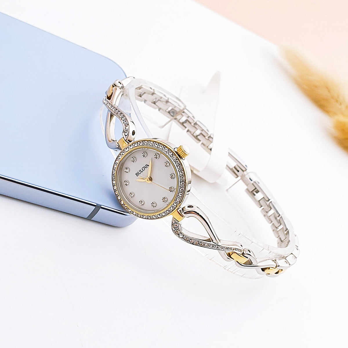  Shop Authentic Bulova Analog Crystals Mother of Pearl Dial Silver Steel Strap Watch for Women - 98X109 - Luxxuri