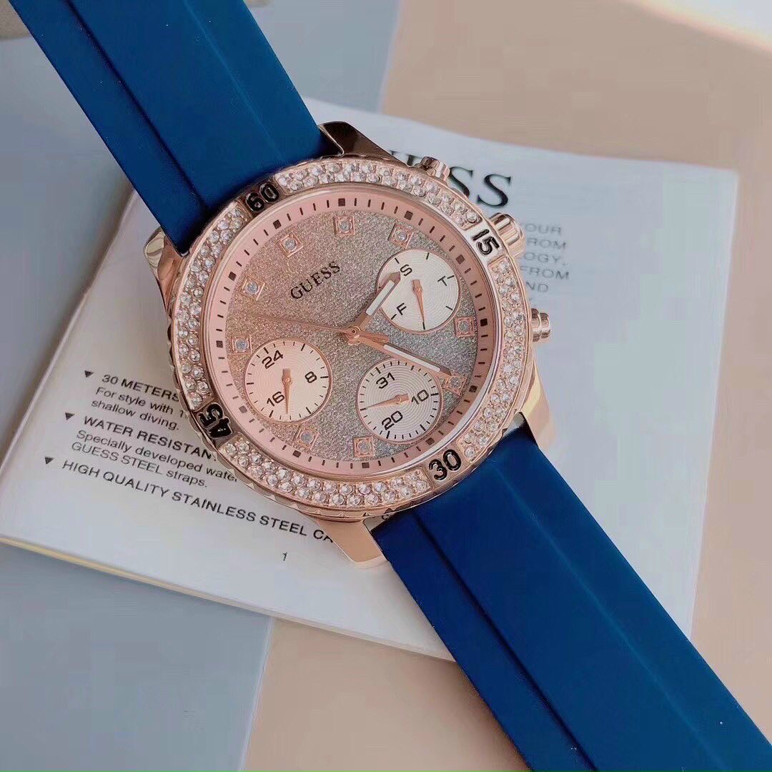  Shop Authentic Guess Confetti Diamonds Gold Dial Blue Rubber Strap Watch For Women - W1098L6 - Luxxuri