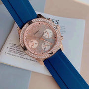  Shop Authentic Guess Confetti Diamonds Gold Dial Blue Rubber Strap Watch For Women - W1098L6 - Luxxuri