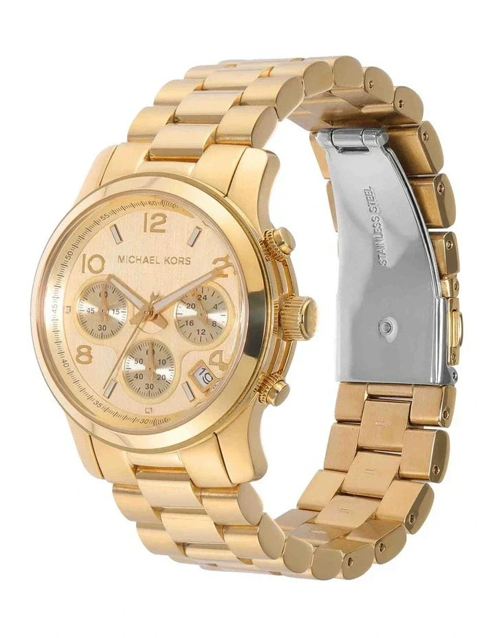  Shop Authentic Michael Kors Runway Chronograph Gold Dial Gold Steel Strap Watch For Women - MK7323 - Luxxuri