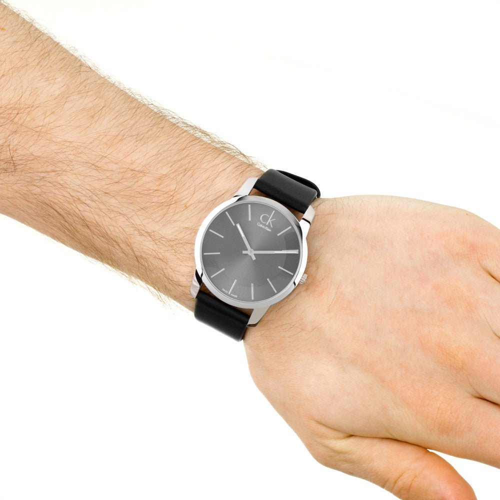  Shop Authentic Calvin Klein City Grey Dial Black Leather Strap Watch For Men - K2G21107 - Luxxuri