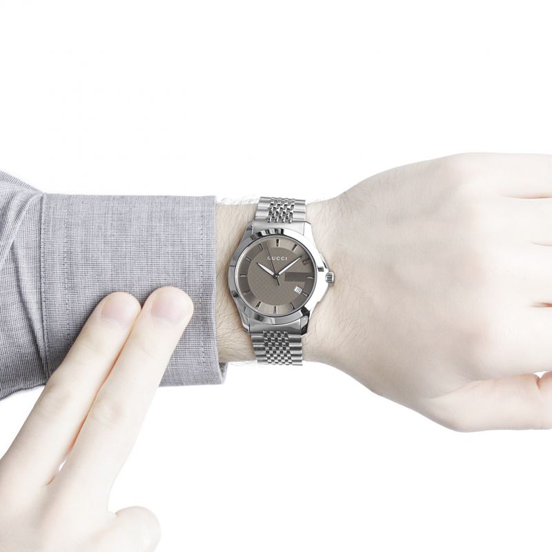  Shop Authentic Gucci G Timeless Brown Dial Silver Steel Strap Watch For Men - YA126406 - Luxxuri