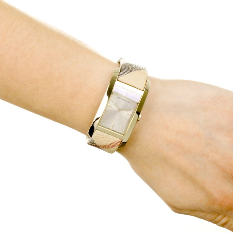  Shop Authentic Burberry Pioneer Champagne Dial Haymarket Beige Leather Strap Watch for Women - BU9407 - Luxxuri