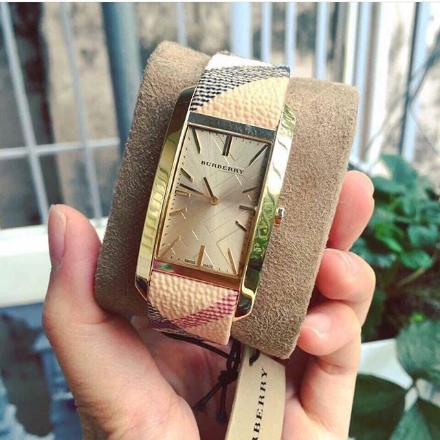  Shop Authentic Burberry Pioneer Gold Dial Haymarket Beige Leather Strap Watch for Women - BU9509 - Luxxuri