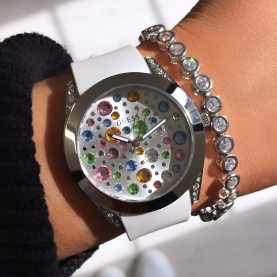  Shop Authentic Guess Wanderlust Crystals Silver Dial White Rubber Strap Watch for Women - W1059L1 - Luxxuri