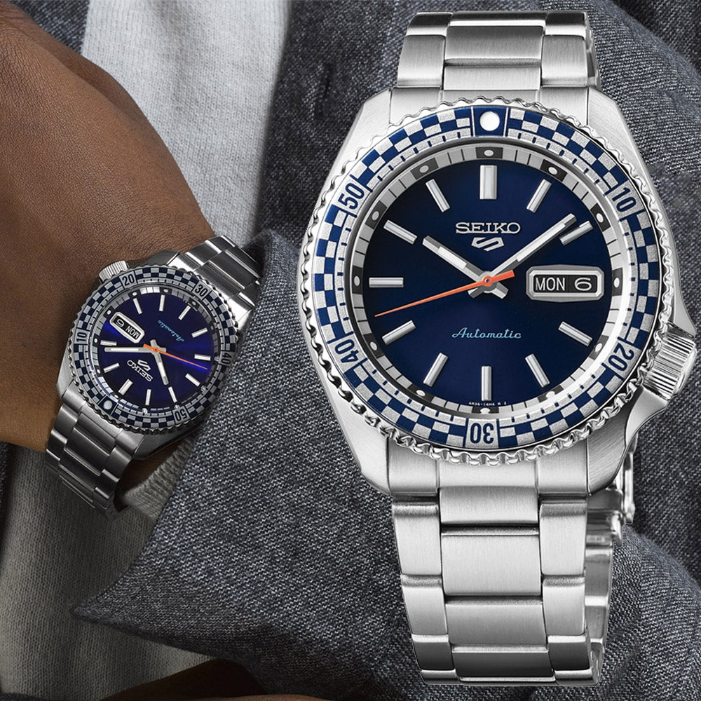  Shop Authentic Seiko 5 Sports Petrol Blue Checker Flag Special Edition Blue Dial Silver Steel Strap Watch For Men - SRPK65K1 - Luxxuri