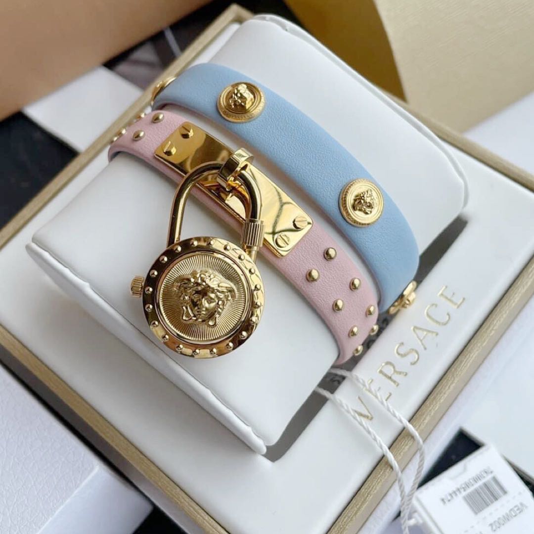  Shop Authentic Versace Medusa Lock Icon Quartz Gold Dial Pink & Blue Leather Strap Watch For Women - VEDW00219 - Luxxuri