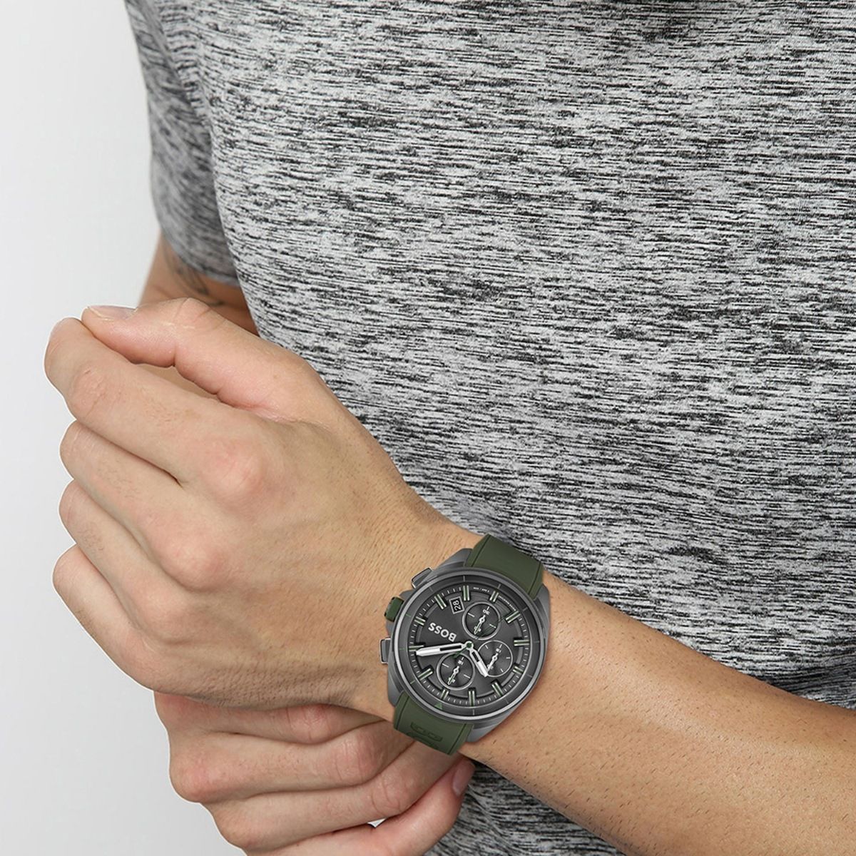  Shop Authentic Hugo Boss Volane Chronograph Grey Dial Green Rubber Strap Watch For Men - 1513952 - Luxxuri