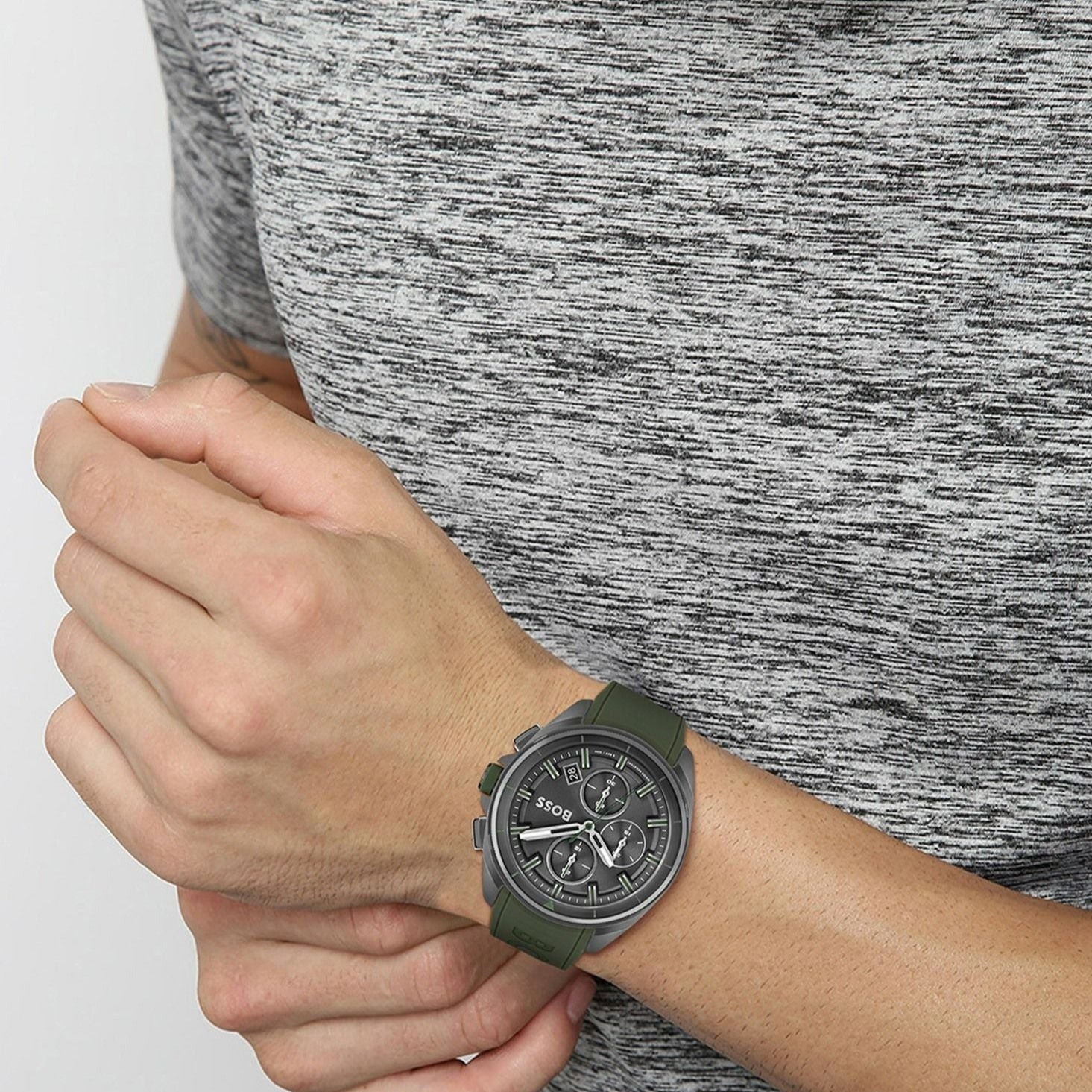  Shop Authentic Hugo Boss Volane Chronograph Grey Dial Green Rubber Strap Watch For Men - 1513952 - Luxxuri
