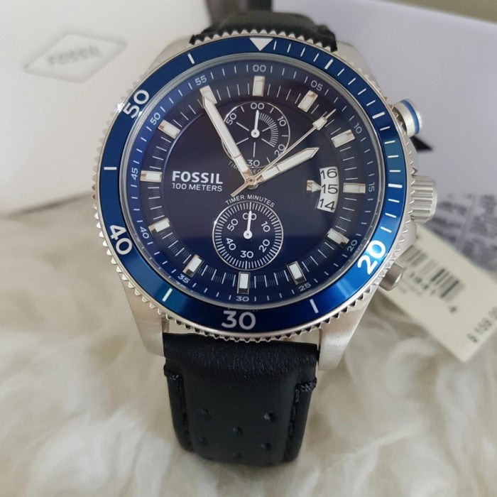  Shop Authentic Fossil Wakefield Chronograph Blue Dial Black Leather Strap Watch for Women - CH2945 - Luxxuri