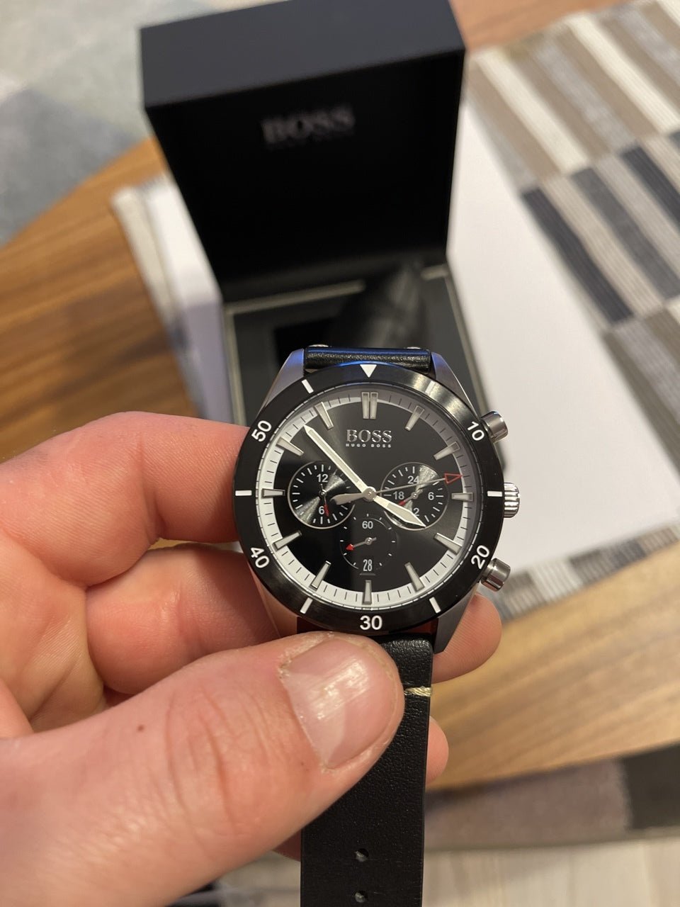  Shop Authentic Hugo Boss Chronograph Black Dial Black Leather Strap Watch for Men - 1513864 - Luxxuri