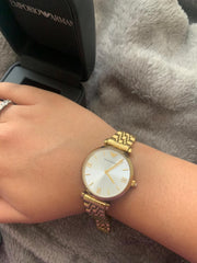  Shop Authentic Emporio Armani Gianni T Bar Silver Dial Gold Stainless Steel Strap Watch For Women - AR1877 - Luxxuri