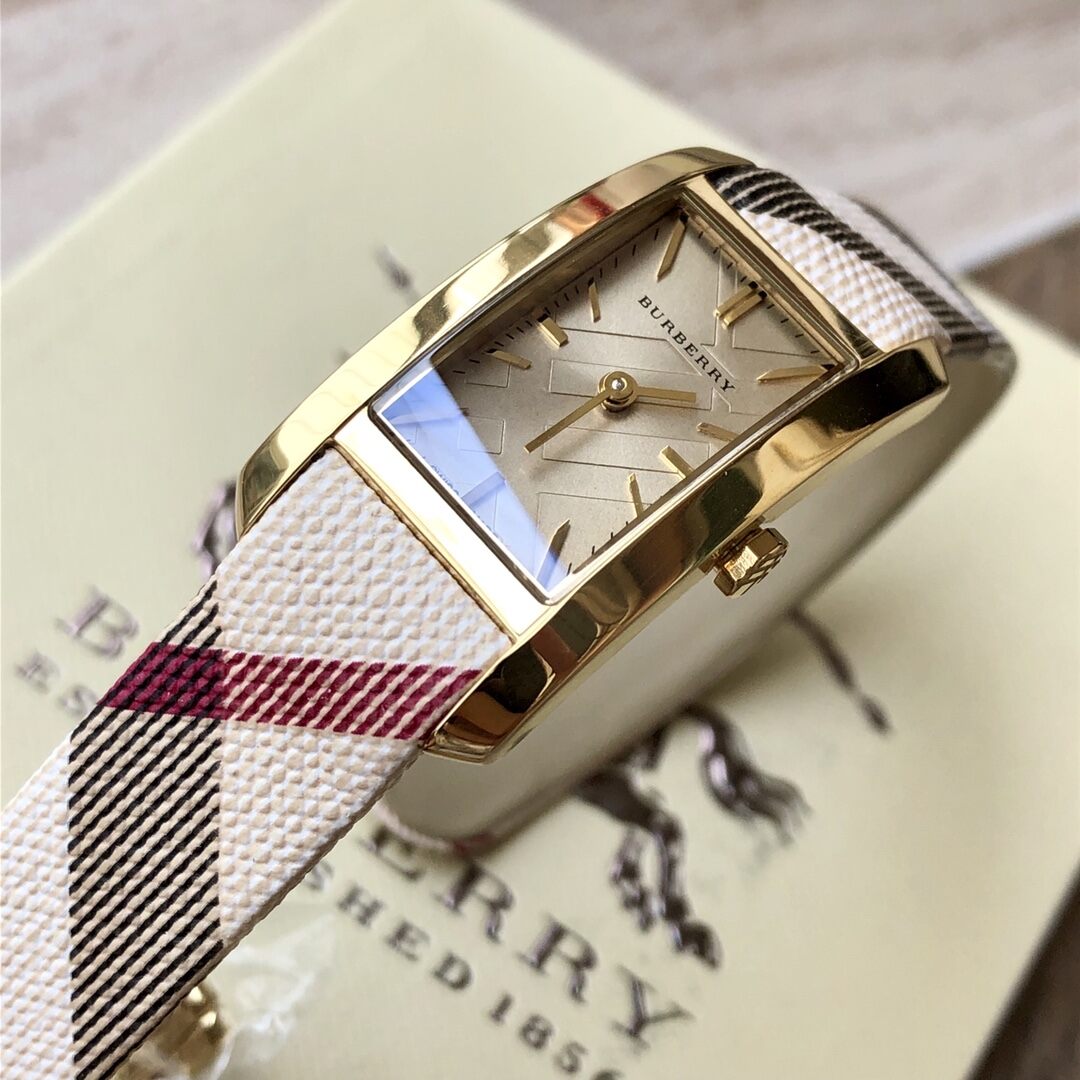  Shop Authentic Burberry Pioneer Gold Dial Haymarket Beige Leather Strap Watch for Women - BU9509 - Luxxuri