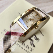  Shop Authentic Burberry Pioneer Gold Dial Haymarket Beige Leather Strap Watch for Women - BU9509 - Luxxuri