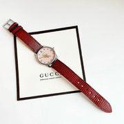 Shop Authentic Gucci G Timeless Quartz Diamonds Pink Dial Red Leather Strap Watch For Women - YA1265017 - Luxxuri