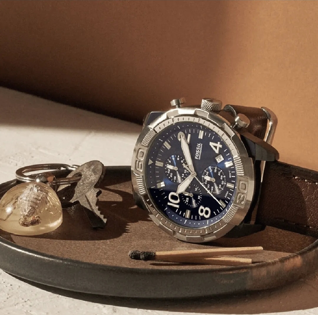  Shop Authentic Fossil Bronson Chronograph Luggage Blue Dial Brown Leather Strap Watch for Men - FS5829 - Luxxuri