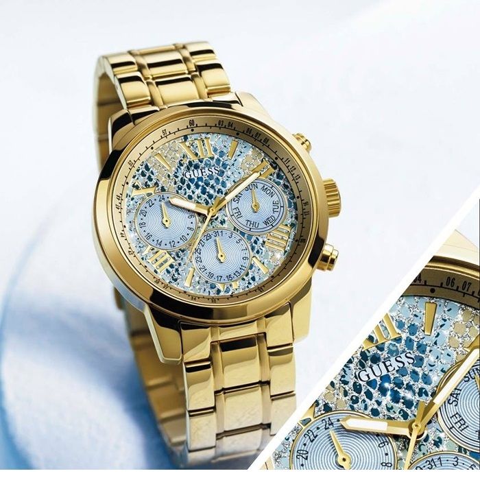  Shop Authentic Guess Mini Sunrise Quartz Blue Dial Gold Steel Strap Watch For Women - W0448L6 - Luxxuri