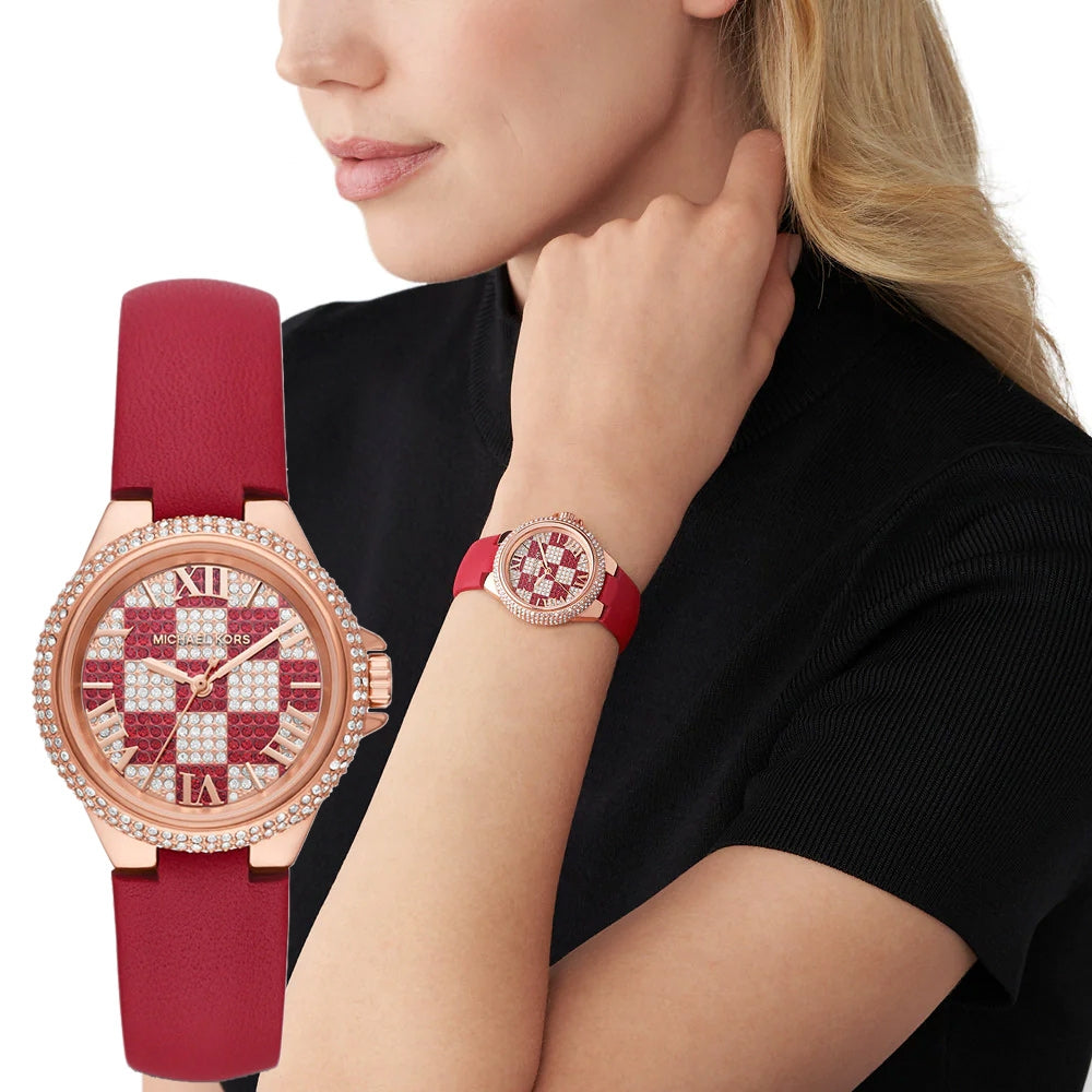  Shop Authentic Michael Kors Camille Three Hand Crystals Rose Gold Dial Red Leather Strap Watch For Women - MK4701 - Luxxuri