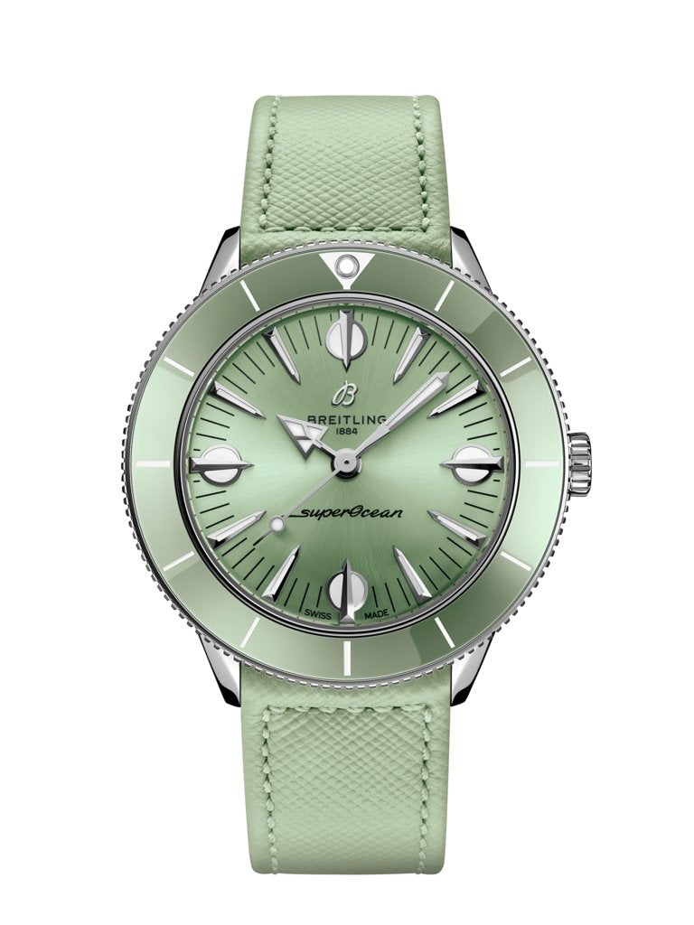  Shop Authentic Breitling Superocean Heritage '57 Pastel Paradise Green Dial Green Leather Strap Watch for Women - A10340361L1X1 - Luxxuri