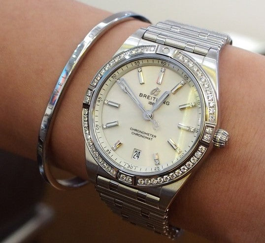  Shop Authentic Breitling Chronomat Automatic 36 Diamonds White Dial Silver Steel Strap Watch for Women - A10380591A1A1 - Luxxuri