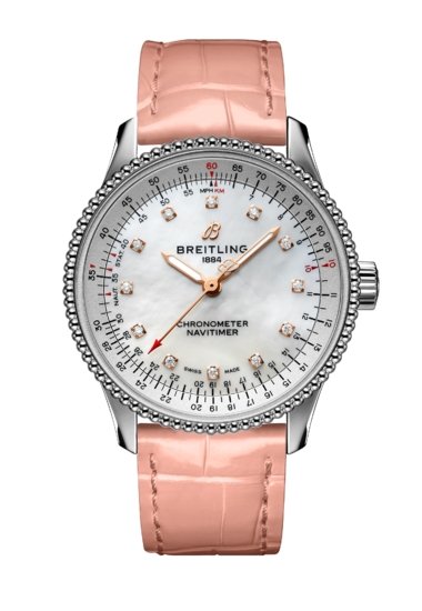  Shop Authentic Breitling Navitimer Automatic 35 Mother of Pearl Dial Pink Leather Strap Watch for Women - A17395211A1P3 - Luxxuri