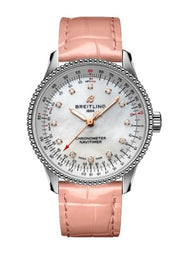  Shop Authentic Breitling Navitimer Automatic 35 Mother of Pearl Dial Pink Leather Strap Watch for Women - A17395211A1P3 - Luxxuri