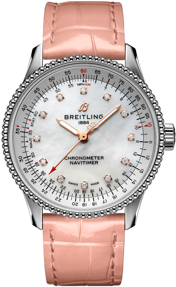  Shop Authentic Breitling Navitimer Automatic 35 Mother of Pearl Dial Pink Leather Strap Watch for Women - A17395211A1P3 - Luxxuri