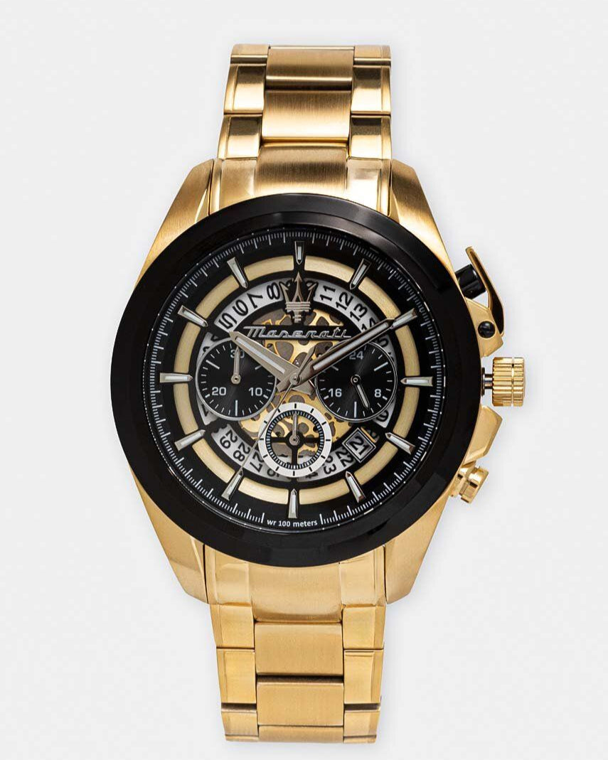  Shop Authentic Maserati Traguardo Skeleton Black Dial Gold Steel Strap Watch For Men - R8873612058 - Luxxuri