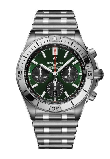  Shop Authentic Breitling Chronomat B01 42 Green Dial Silver Steel Strap Watch for Men - AB0134101L1A1 - Luxxuri