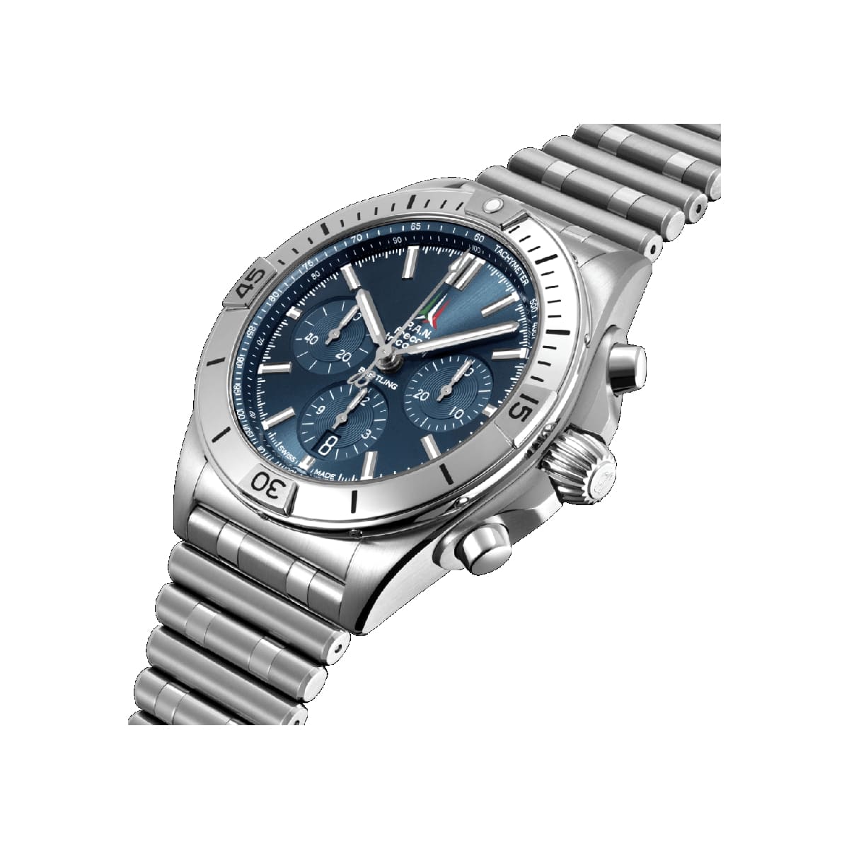  Shop Authentic Breitling Chronomat B01 42 Frecce Tricolori Blue Dial Silver Steel Strap Watch for Men - AB01344A1C1A1 - Luxxuri